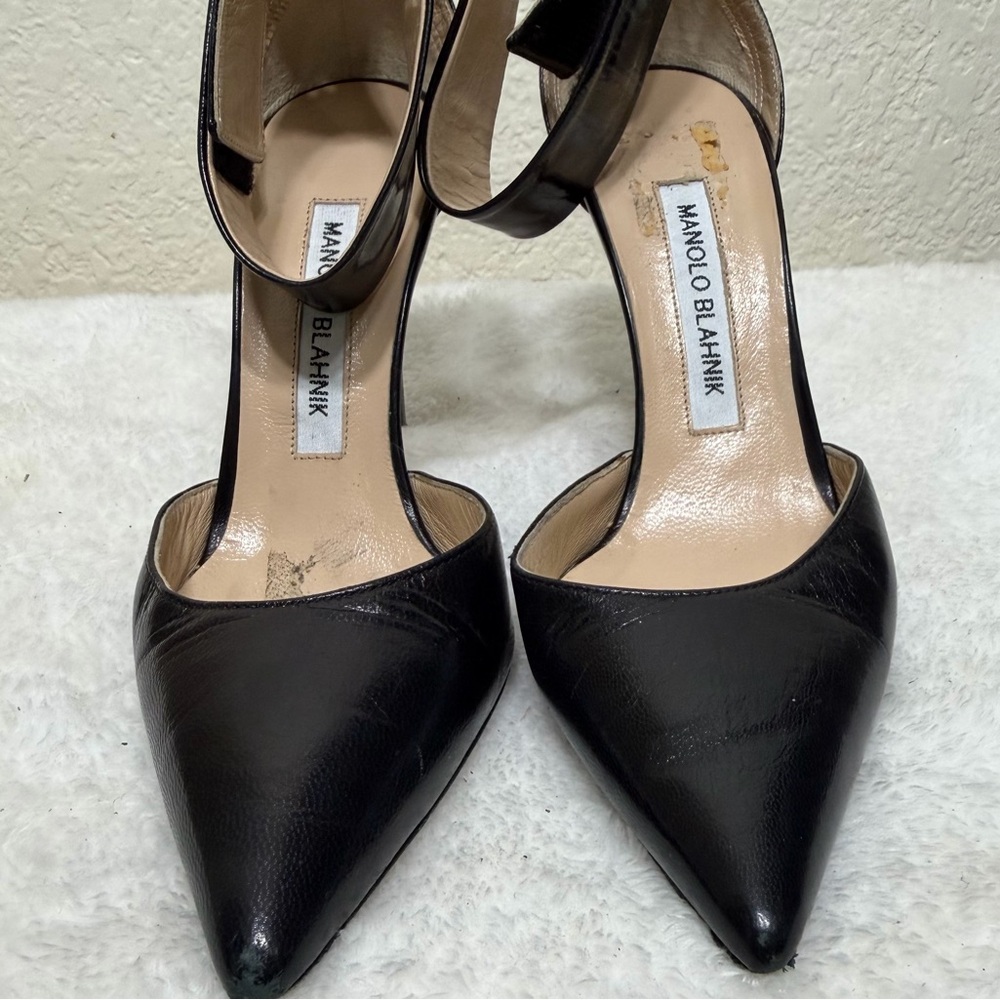 Manolo Blahnik d’Orsay Pump Black Leather Pointed Toe Ankle Strap Size 35 1/2 - Picture 13 of 16